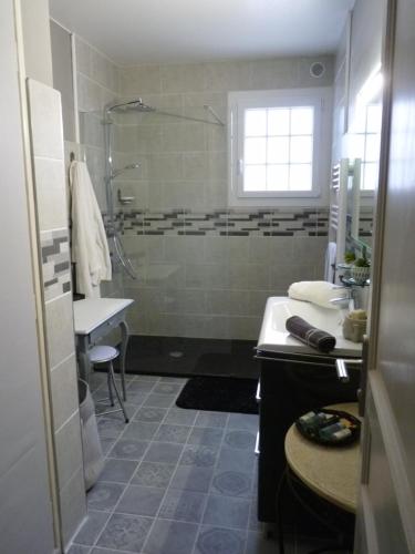 a bathroom with a shower and a sink at Toki Eder chez Marisol, piscine chauffée, décoration soignée et océan à 15 minutes entre Bayonne et Hossegor in Saint-Martin-de-Seignanx