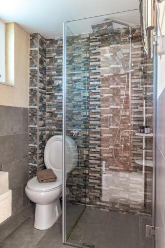 ein Badezimmer mit Toilette und Glasdusche in der Unterkunft Gregory's House in Monemvasia