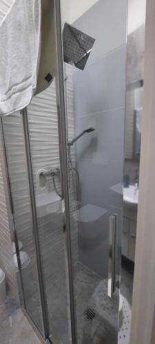 y baño con ducha y puerta de cristal. en Casa Vacanza GOCCIA D'ORO con possibilità di Monolocale oppure Bilocale, en Porto Cesareo
