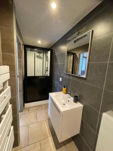 La salle de bains est pourvue d'un lavabo blanc et d'un miroir. dans l'établissement Studio Terrasse Vue Lac Entrée indépendante, à Font