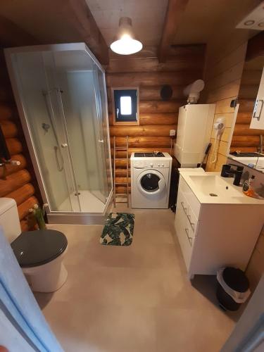 een kleine badkamer met een douche en een wasmachine bij Chatka pod lasem in Szczyrk