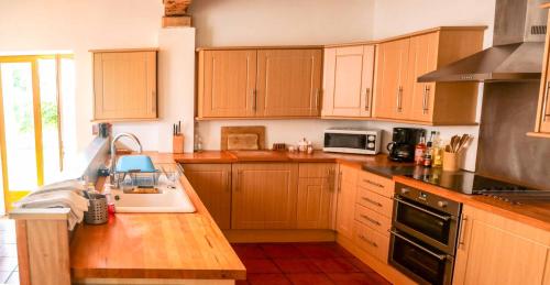 a kitchen with wooden cabinets and a counter top at Le Pigeonnier @ Le Prielle in Madiran
