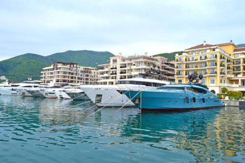 a group of boats docked in a harbor with buildings at Tivat Apartments in Tivat