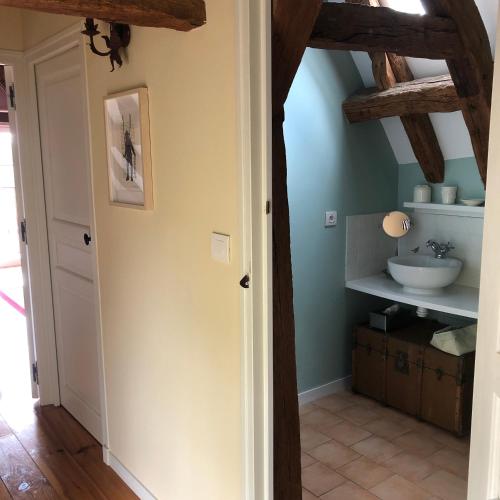- un couloir avec une salle de bains pourvue d'un lavabo dans l'établissement Cottage du vigneron, à Vernou-sur-Brenne