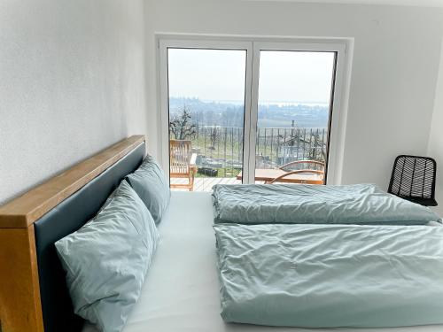 a bedroom with two beds and a large window at TANTE IDA‘S in Lindau-Bodolz