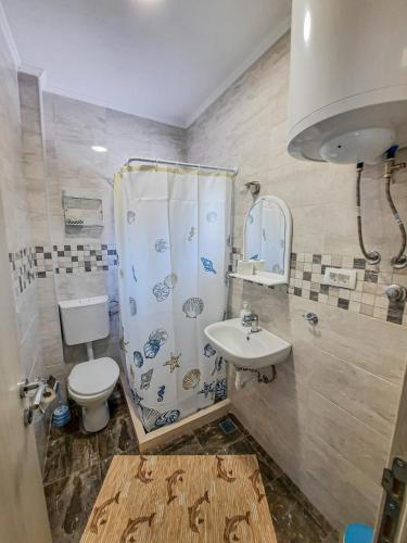 a bathroom with a toilet and a shower and a sink at Apartments Chipsy in Herceg-Novi