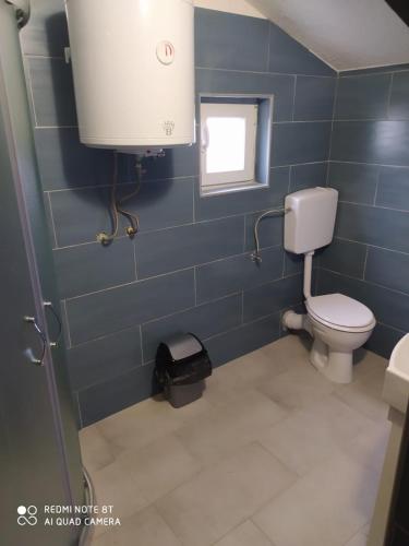 a blue bathroom with a toilet and a window at Apartman - Vinska Cesta in Ðurđevac