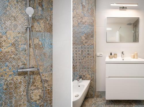 a bathroom with a shower and a sink at Apartament Nad Różami in Oświęcim