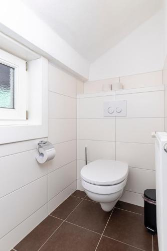 a white bathroom with a toilet and a window at AlpenLiving in Mayrhofen