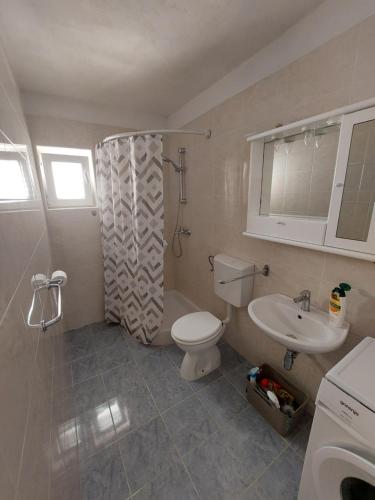 ein Bad mit einem WC, einem Waschbecken und einer Dusche in der Unterkunft APARTMAN VERA in Cres