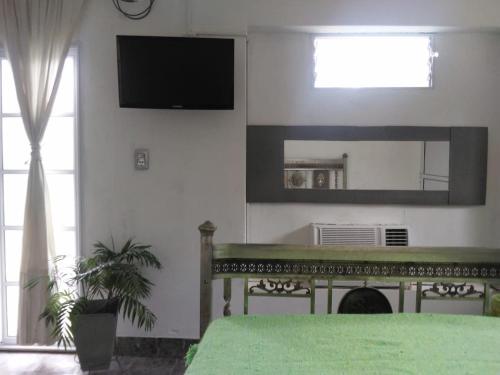 ビクトリアにあるMonoambiente de la Costaのベッドルーム(壁にテレビ付)、暖炉が備わります。