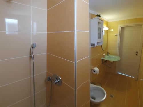 a bathroom with a shower with a toilet and a sink at Nefeli Seaside Apartments in Polykhrono