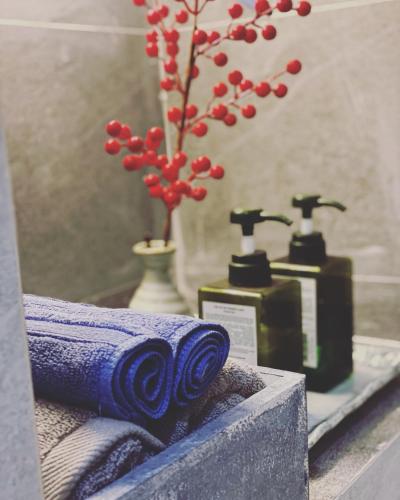 a bathroom with two bottles of soap and a plant at LILY HOUSE( Mini home 2PN) in Quy Nhon