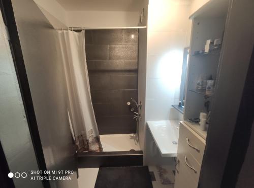 a bathroom with a shower with a toilet and a sink at RiView in Rijeka