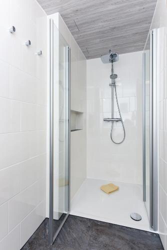 a shower with a glass door in a bathroom at Pension Pradler Wohnung 3 in Carolinensiel
