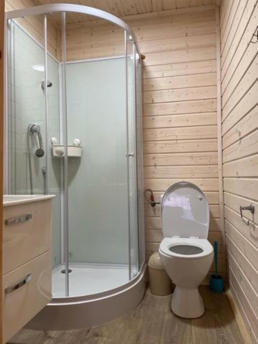 a bathroom with a glass shower and a toilet at Domek Letniskowy Octopus II in Bobolin