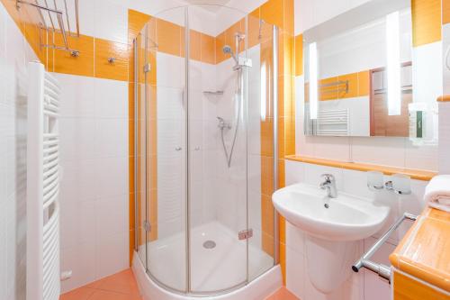 a bathroom with a shower and a sink at Private Luxury Apartments in Frymburk