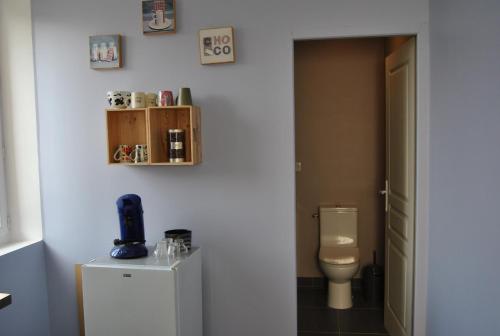 a bathroom with a toilet and a refrigerator at gîtes aux portes des Cévennes in Saint-Christol-lès-Alès