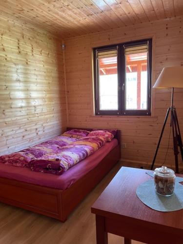 a bed in a room with a table and a window at Villa OCTOPUS in Dąbki