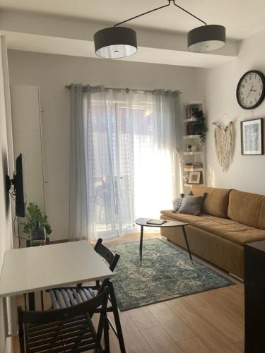 a living room with a couch and a table and a clock at Apartament Na Grobli, Przy Kładce Zwierzynieckiej in Wrocław