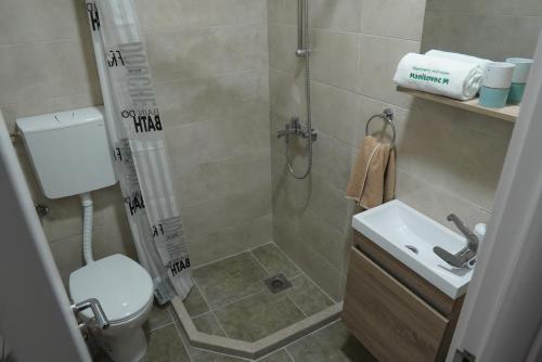 a bathroom with a shower and a toilet and a sink at Apartments Manitovac M in Nikšić