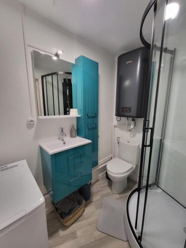 a bathroom with a blue cabinet and a toilet at T2 meublé La Souterraine in La Souterraine