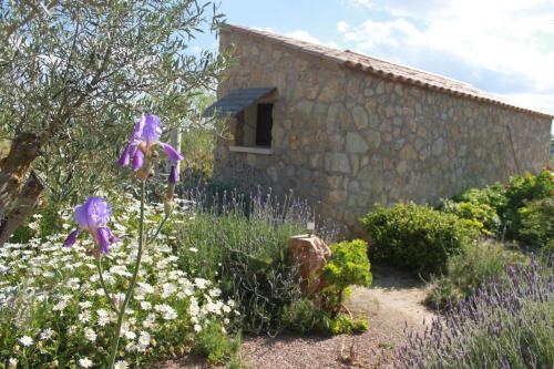 a garden with purple flowers in front of a stone building at Agroturisme Es Racó De Maria in Maria de la Salut