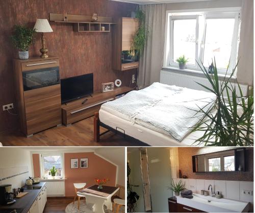 two pictures of a bedroom with a bed and a tv at Ferienwohnung Malu Sol im Harz - stilvoll, gemütlich, tierfreundlich - mit Garten in Allrode