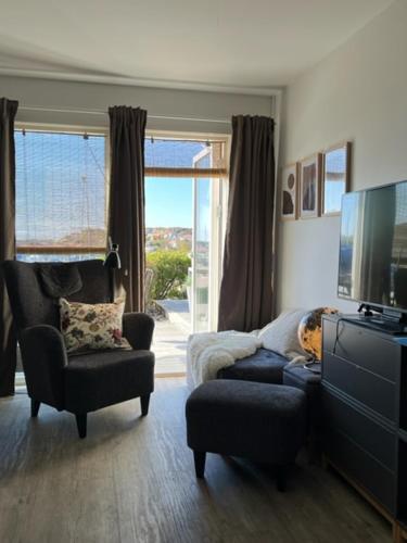 a living room with a couch and chairs and a television at Lägenhetshotell Varvet in Ellös