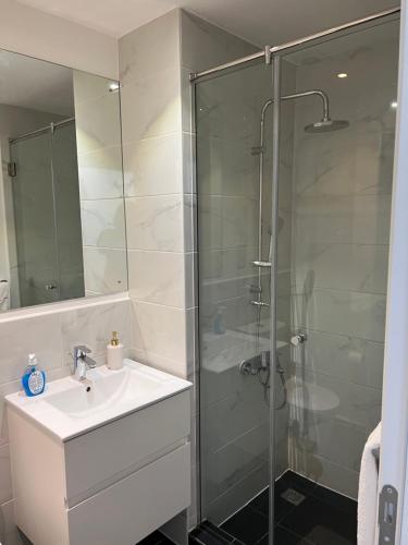 アクラにあるEmbassy Gardensの洗面台とガラスのシャワーを備えたバスルーム