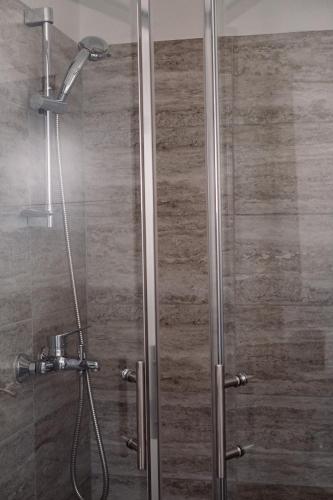 a shower with a glass door in a bathroom at Nature House with a wooden porch - Pasika, house Tonka in Pučišća