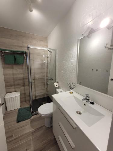 Un baño con inodoro, lavabo y ducha. en Casa FeLiz, en Tarajalejo