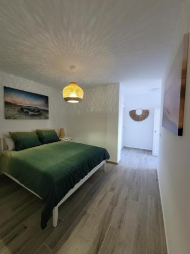 Un dormitorio con una cama verde en una habitación. en Casa FeLiz, en Tarajalejo