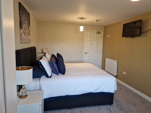 um quarto com uma cama com almofadas azuis e uma televisão em Swan Retreat em Taunton