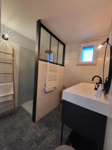 y baño con lavabo y espejo. en Gîte PRAT NAOU - PYRENNEES ARIEGEOISES, en Taurignan-Vieux