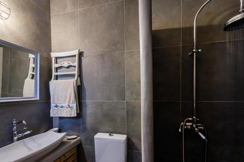 a bathroom with a toilet and a sink and a shower at Kalimera & Apoplous boathouse in Klima