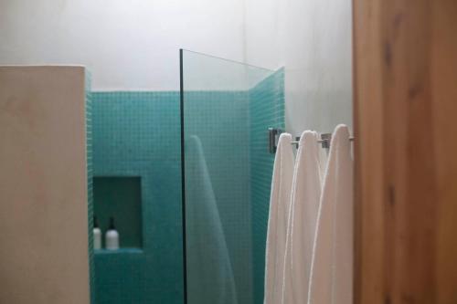 a bathroom with a shower with a green tile at Hotel Casa Tota in Todos Santos