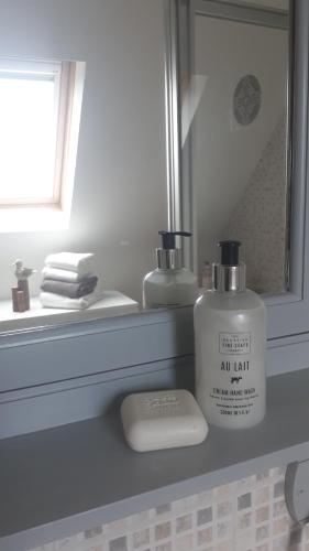 a bathroom with a mirror and a bottle of soap at Paula's Cottage in New Pitsligo