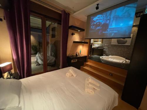 a bedroom with a bed and a sink and a tv at Attico con vista spettacolare e Jacuzzi in Bologna