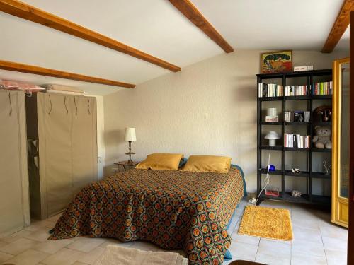 1 dormitorio con cama y estante para libros en Studio Ideal for guaranteed special moments - by feelluxuryholidays, en Cabrières-dʼAvignon