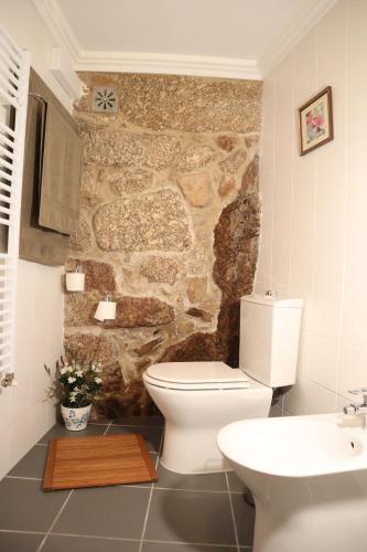 a bathroom with a white toilet and a stone wall at Comfortable rural cottage in ancient village in the Douro region in Viseu