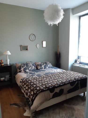 - une chambre avec un lit et une lampe pendant dans l'établissement Maison de ville chaleureuse, à Brive-la-Gaillarde