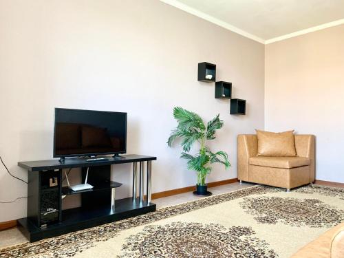 een woonkamer met een televisie en een stoel bij Apartment in the centre of Karakol in Karakol