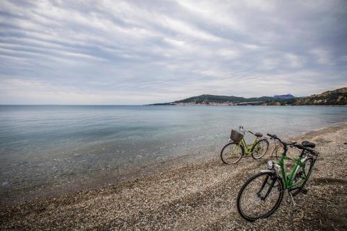 two bikes parked on a beach near the water at The Olive Yard in Gythio