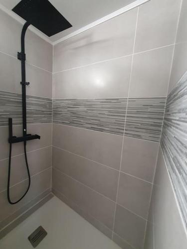 une salle de bain avec une douche avec un rideau de douche dans l'établissement villa , quartier Pinède au Cap d'Agde, au Cap d'Agde