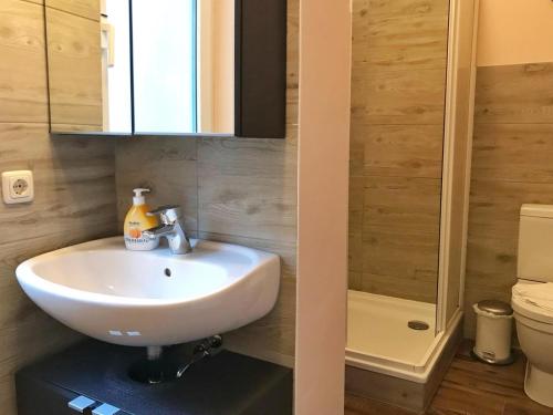 un baño con lavabo e inodoro en Bungalow 68 am Waldrand, en Glowe
