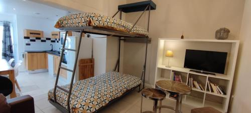 ein Wohnzimmer mit einem Etagenbett und einem TV in der Unterkunft Chaleureuse petite maison de bourg in Beaumont-sur-Sarthe