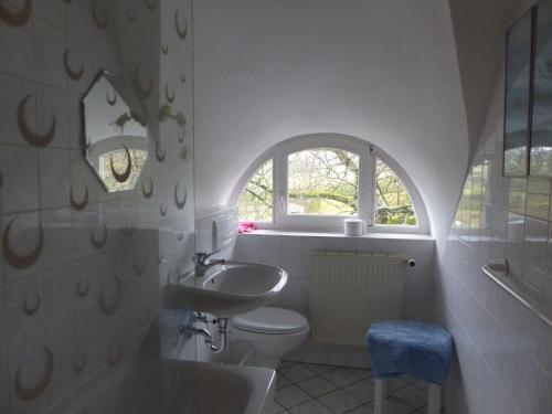 a bathroom with a sink and a toilet and a window at Ferienwohungen im Feriengarten DG in Nardevitz