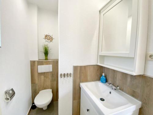 a bathroom with a white sink and a toilet at Gross Stresow Ferienwohnung Vilm E in Groß Stresow