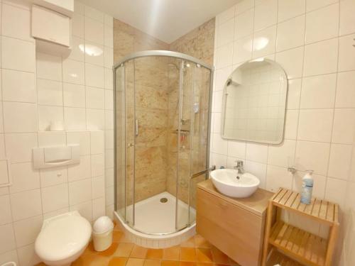 a bathroom with a shower and a sink and a toilet at Sassnitz Villa Tizian Wohnung 9 RZV in Sassnitz